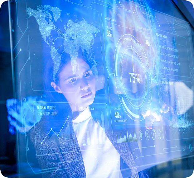 Professional interacting with a holographic data display