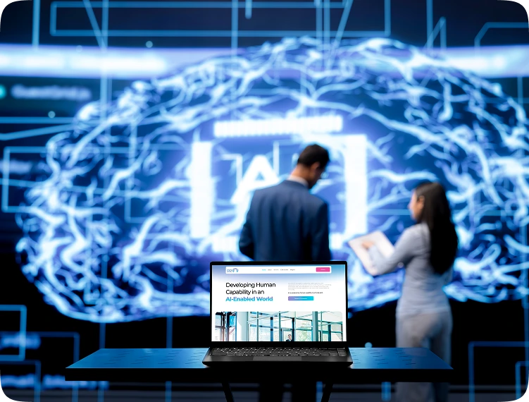 Team presenting in front of an AI brain visualisation