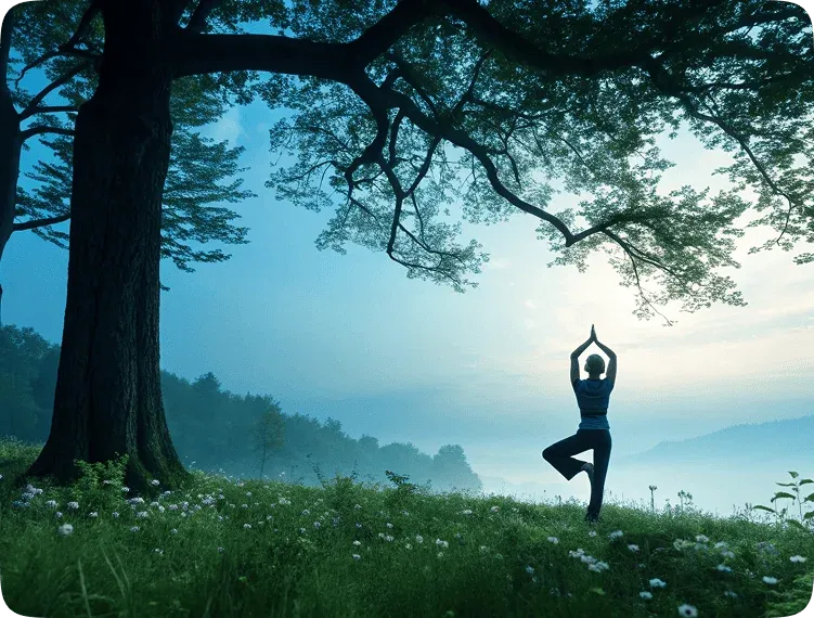 Person practising yoga beneath a tree