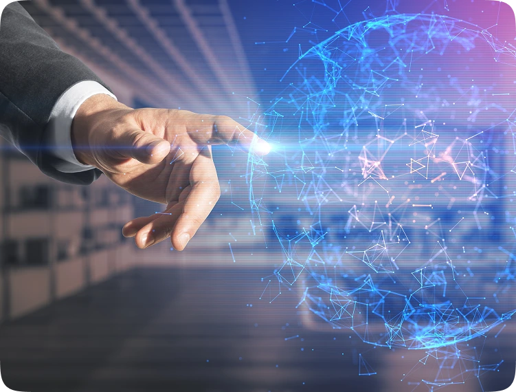 Hand touching a digital network globe
